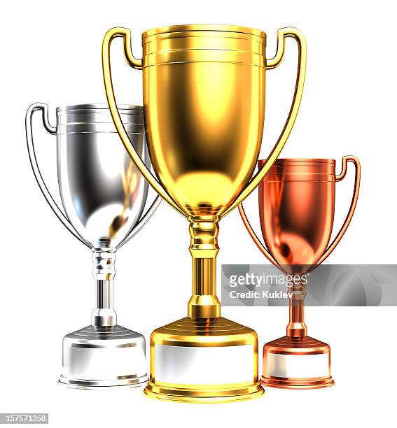 three trophies - bronze alloy stock pictures, royalty-free photos & images