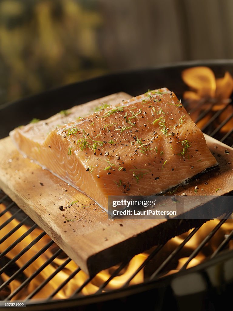 Raw Cedar Plank Salmon Fillets on an outdoor BBQ