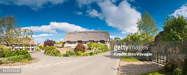 tranquil summer village street pretty thatched cottages luxury homes panorama - thatched cottage stock pictures, royalty-free photos & images