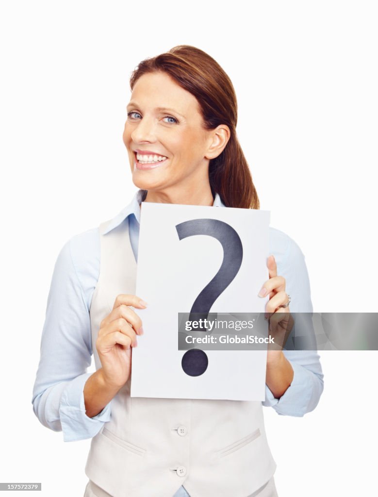 Question Sign Woman Happy Business Woman Holding A Question Mark Sign On White High-Res ...