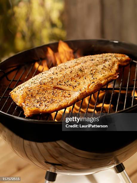 whole salmon fillet on an outdoor bbq - rustic salmon fillets stock pictures, royalty-free photos & images