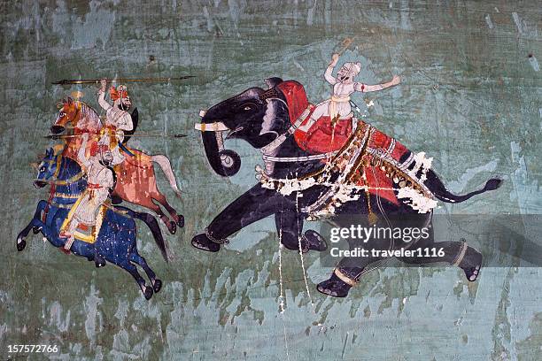 bundi palace painting from rajasthan, india - indian painting stockfoto's en -beelden