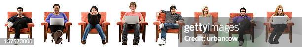 eight couch potatoes - laptops in a row stock pictures, royalty-free photos & images