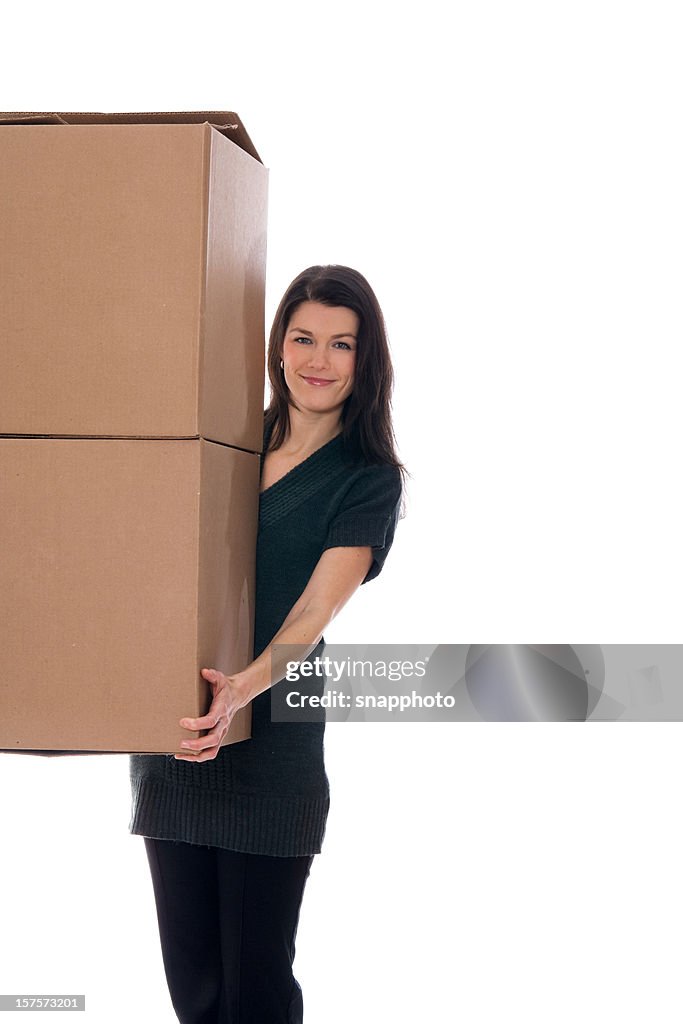People Holding Box Woman Holding Two Large Moving Boxes Isolated On White High-Res Stock ...