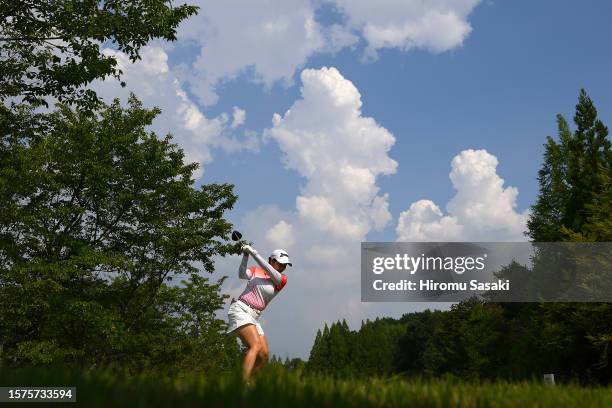 Sakura Koiwai of Japan hits her tee shot on the 16th hole during the second round of Rakuten Super Ladies at Tokyu Grand Oak Golf Club on July 28,...