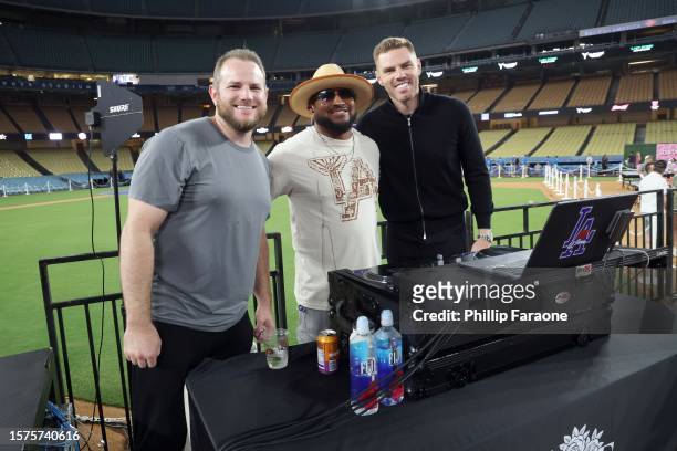 Max Muncy, DJ Severe and Freddie Freeman with FIJI Water and JUSTIN Vineyards and Winery at Ping Pong 4 Purpose 2023 at Dodger Stadium on July 27,...