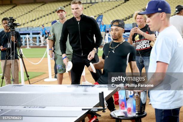 Freddie Freeman and Mookie Betts with FIJI Water and JUSTIN Vineyards and Winery at Ping Pong 4 Purpose 2023 at Dodger Stadium on July 27, 2023 in...