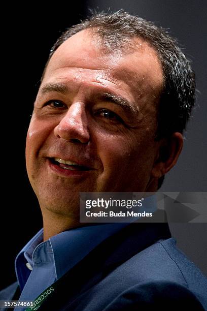 Sergio Cabral, Governor of Rio de Janeiro, smiles during the Soccerex Global Convention 2012 on November 26, 2012 in Rio de Janeiro, Brazil. Soccerex...