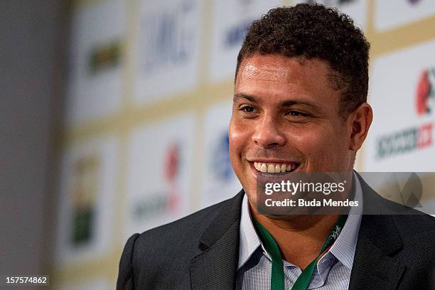 Ronaldo, former football star, smiles during the Soccerex Global Convention 2012 on November 26, 2012 in Rio de Janeiro, Brazil. Soccerex brings...