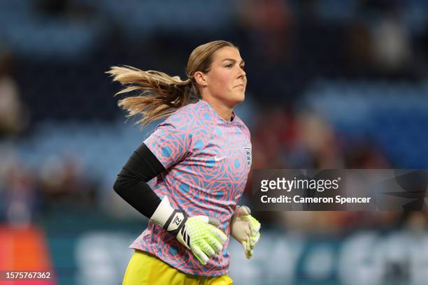 Mary Earps of England warms up prior to the FIFA Women's World Cup Australia & New Zealand 2023 Group D match between England and Denmark at Sydney...