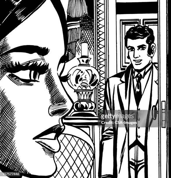 man entering woman's room - woman entering home stock illustrations