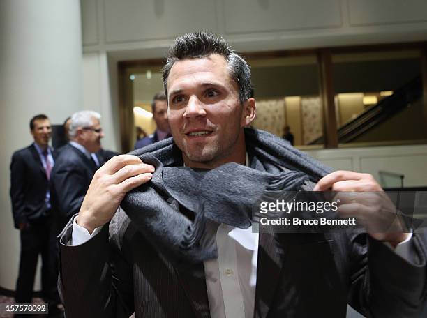 After a 5-1/2 hour negotiating session between the NHL and the Players Association, Martin St. Louis leaves the meetings for the dinner break at the...