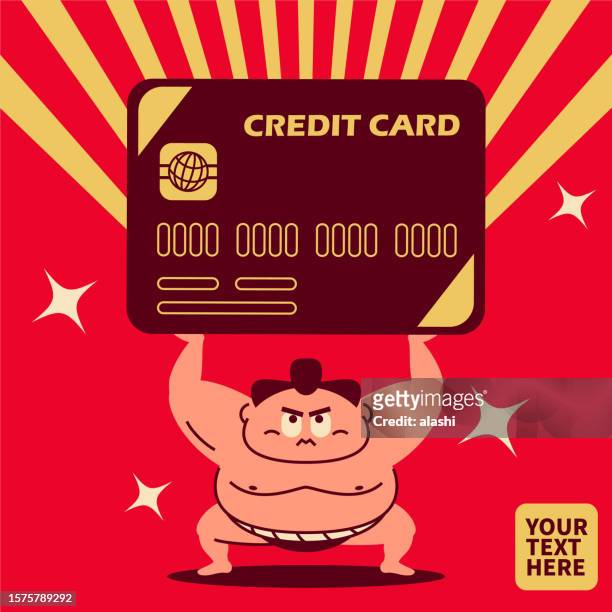 大相撲力士がしゃがみ、腕を上げ、大きなクレジットカードを掲げる - 浪費点のイラスト素材／クリップアート素材／マンガ素材／アイコン素材