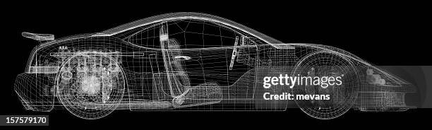 technical drawing of a sports car - car wireframe stockfoto's en -beelden