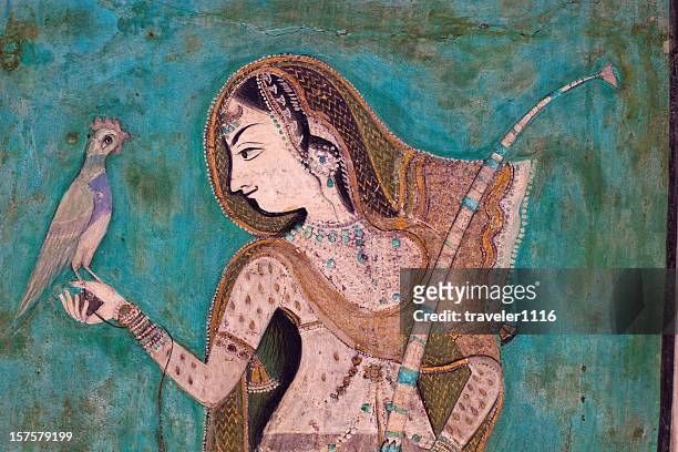 bundi palace painting from rajasthan, india - indian painting stockfoto's en -beelden