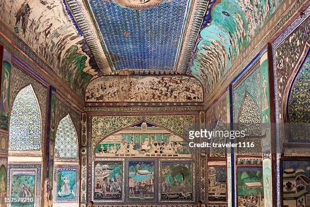 bundi palace painting from rajasthan, india - indian painting stock pictures, royalty-free photos & images