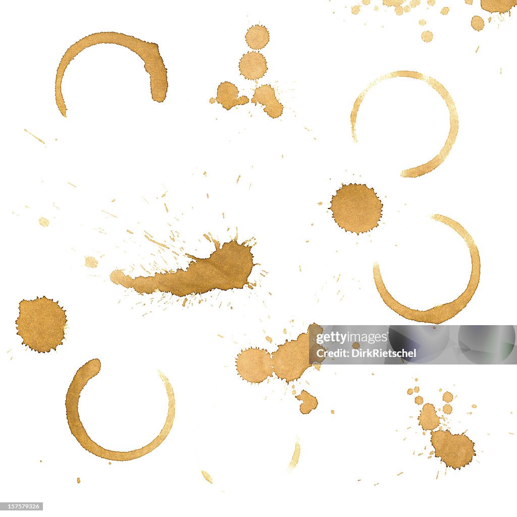 Various coffee drips and stains on a white background
