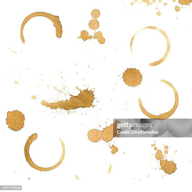 various coffee drips and stains on a white background - stains stockfoto's en -beelden