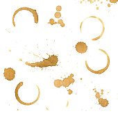 Various coffee drips and stains on a white background