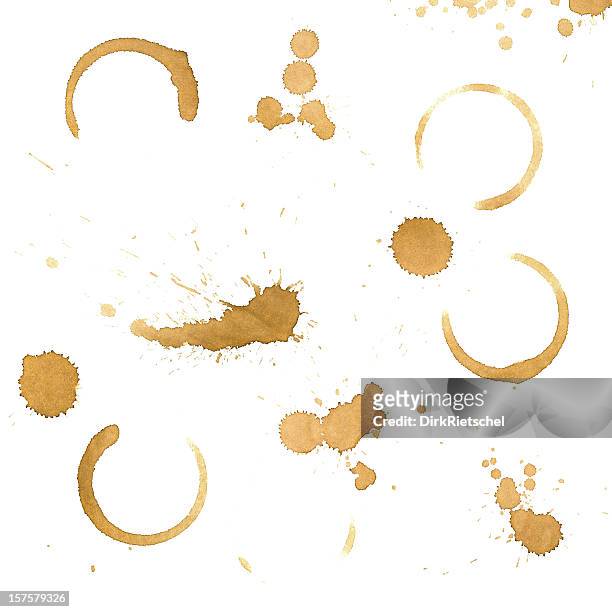 various coffee drips and stains on a white background - stained stock pictures, royalty-free photos & images