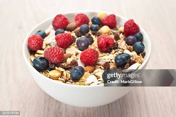 a bowl of breakfast cereals with blueberries and nuts  - cereal bowl stockfoto's en -beelden