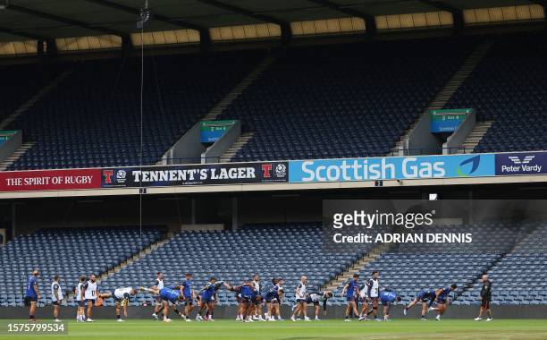 France players take part in a captain's run training session at Murrayfield Stadium in Edinburgh, Scotland, on August 4 on the eve of their pre-World...