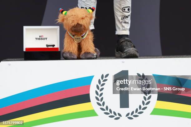 Cycling Worlds Highland Coo Soft Toy during a Mountain Bike Downhill event at the UCI Championship, on August 04 in Fort William, Scotland.