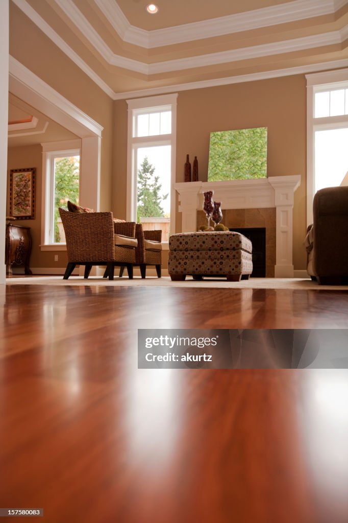 Upscale new formal living room hard wood floors windows furnature