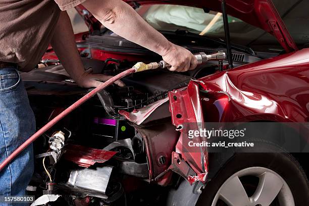 auto body mechanic disassembling damaged vehicle - crash stock pictures, royalty-free photos & images
