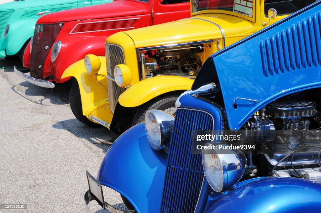 Line of Streetrod and Hotrod Cars at Car Show