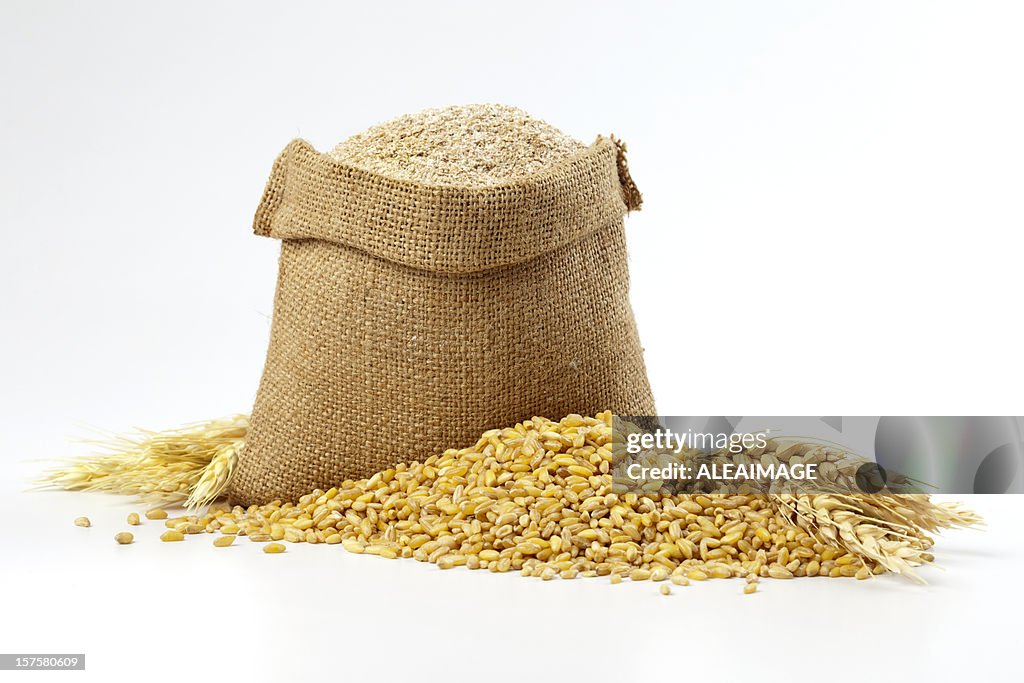 Hessian sack of grain and wheat