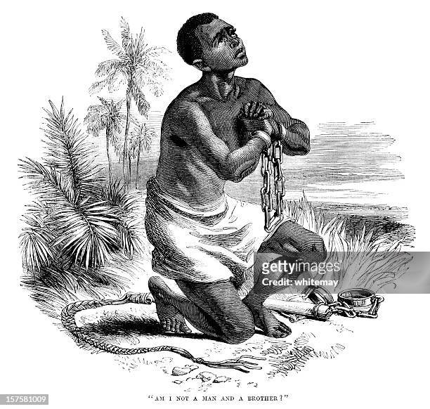 iconic anti-slavery image of slave in shackles (1875 illustration) - men in loincloths stock illustrations