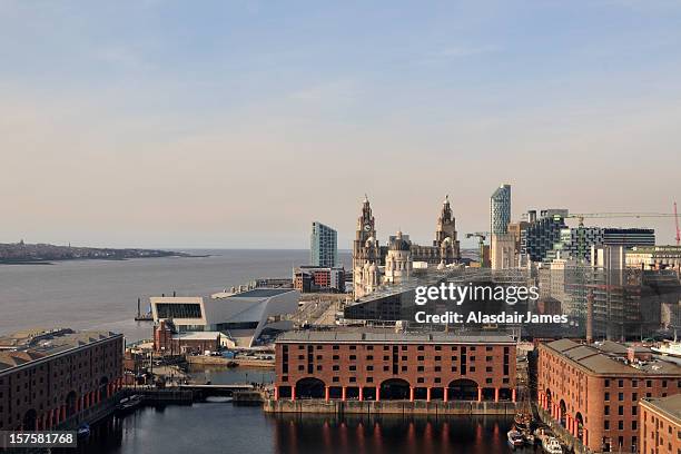 elevated view of the albert docks and pierhead - river mersey liverpool stock pictures, royalty-free photos & images