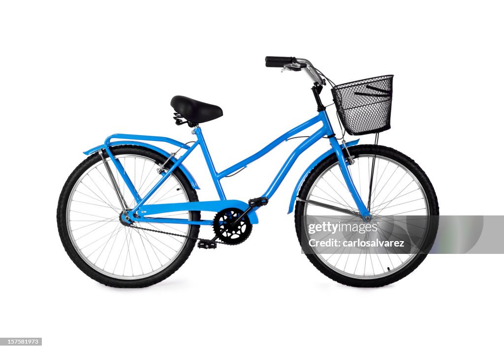 A blue bicycle on a white background