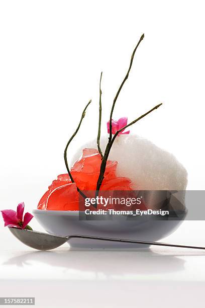 rhubarb gelee with foam - molecular gastronomy stock pictures, royalty-free photos & images