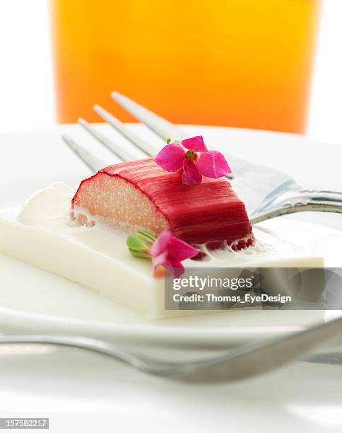 lavender-poached rhubarb with pudding and custard - molecular gastronomy stock pictures, royalty-free photos & images