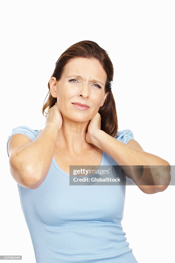 Isolated portrait of a lady with neck pain on white
