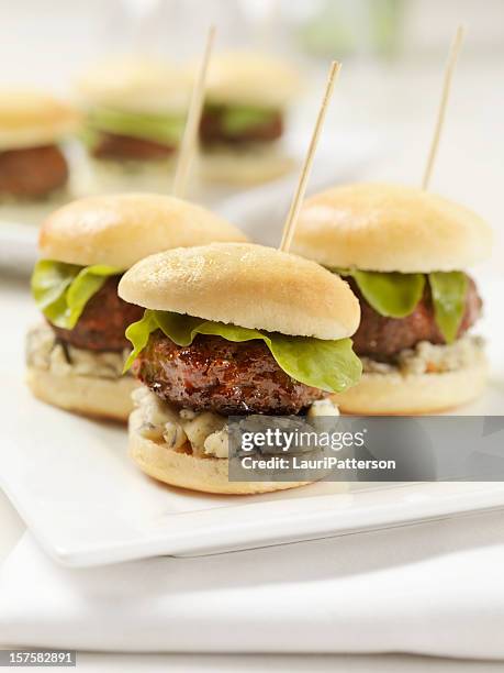mini burgers with blue cheese and lettuce - small dinner party stock pictures, royalty-free photos & images