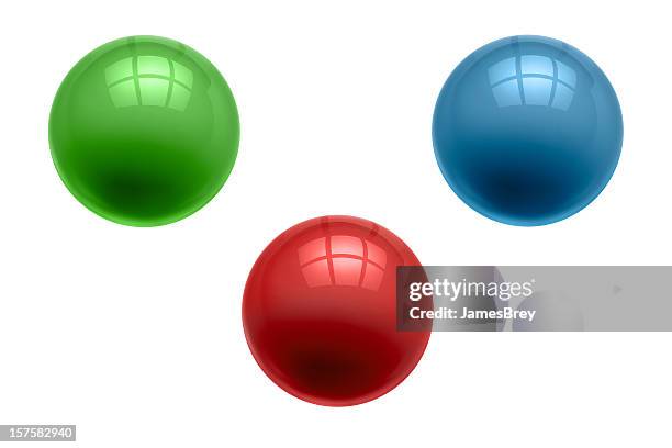 three perfect marbles, glass balls, green, red, blue, clipping path - coloured balls stockfoto's en -beelden