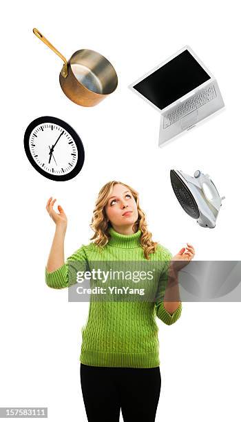 woman juggling, busy multi-tasking and balancing occupation and time stress - woman juggling stock pictures, royalty-free photos & images
