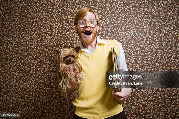 retro nerd with dog and book - nerd stock pictures, royalty-free photos & images
