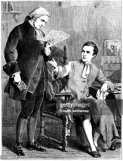 two eighteenth-century gentlemen discussing a newspaper article (victorian illustration) - 18th century style stock illustrations