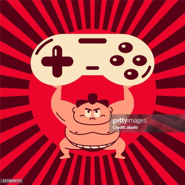 sumo wrestler crouching, arms raised, holding up a large game controller - computer game control stock illustrations