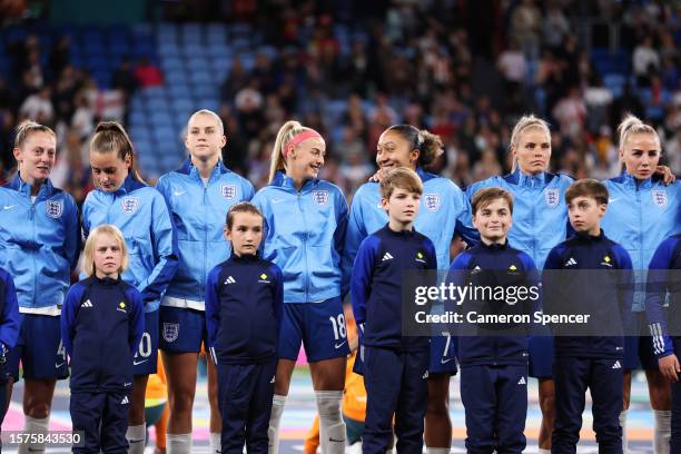 England players line up for the national anthem prior to the FIFA Women's World Cup Australia & New Zealand 2023 Group D match between England and...