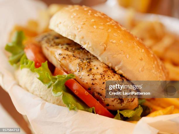 grilled chicken burger with french fries - grilled chicken stock pictures, royalty-free photos & images