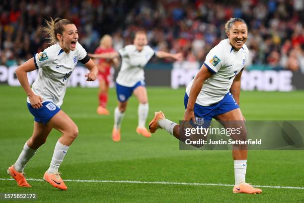 Lauren James of England celebrates after scoring her team's first goal during the FIFA Women's World Cup Australia & New Zealand 2023 Group D match...