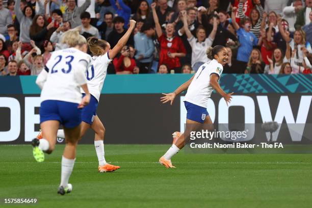 Lauren James of England celebrates after scoring her team's first goal during the FIFA Women's World Cup Australia & New Zealand 2023 Group D match...
