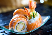 Close-up photo of Futomaki sushi on a blue plate