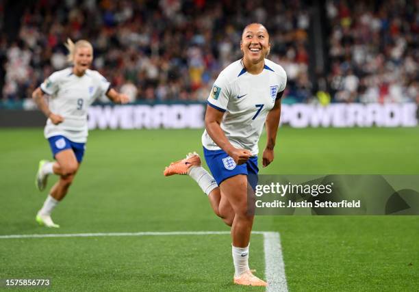 Lauren James of England celebrates after scoring her team's first goal during the FIFA Women's World Cup Australia & New Zealand 2023 Group D match...