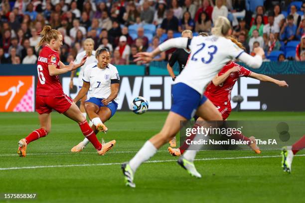 Lauren James of England scores her team's first goal during the FIFA Women's World Cup Australia & New Zealand 2023 Group D match between England and...